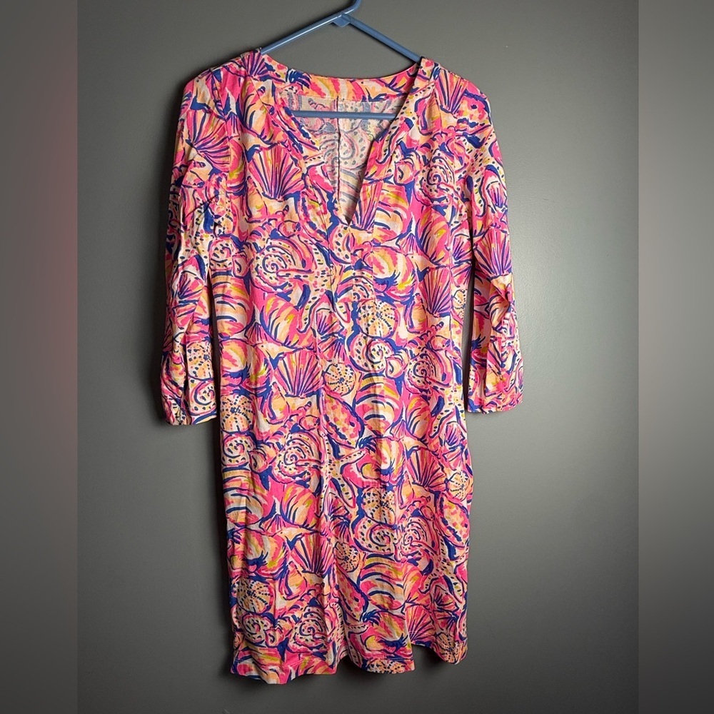 Lilly Pulitzer Riva 100% Cotton Dress "Shell of a Time" 3/4 Sleeve V-Neck Sz M